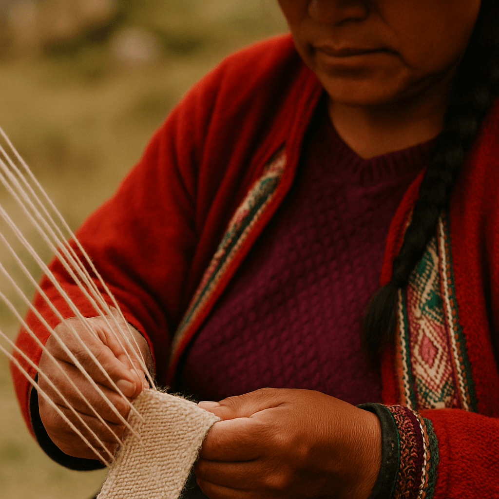 Artesana peruana trabajando con fibra de alpaca, parte del proceso ético y trazable de Aklla Essentia.